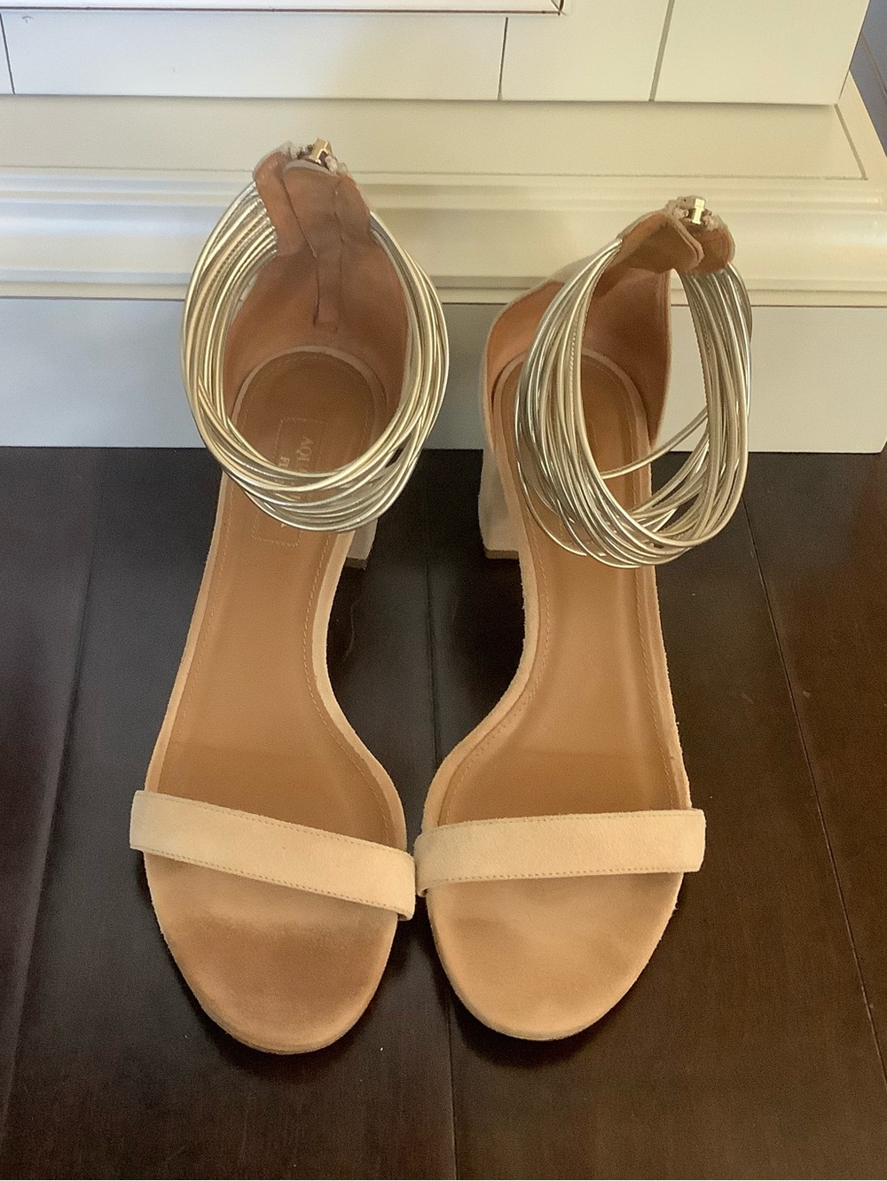 Aquazzura Nude Suede Block Heel Sandals with Silver Multi-Loop Ankle Cuff